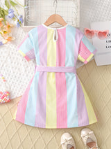 Little Girls Striped A-Line Dress with Tie Belt - Short Sleeve, Non-Stretch Polyester, Casual Summer Holiday Wear for Girls - Perfect Gift Idea
