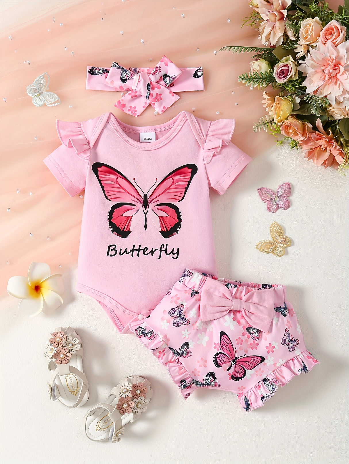 Baby Girl Butterfly Pattern Onesie, bow lace shorts, hair band three-piece set