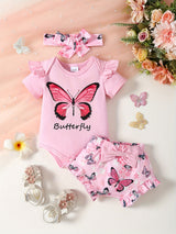 Baby Girl Butterfly Pattern Onesie, bow lace shorts, hair band three-piece set
