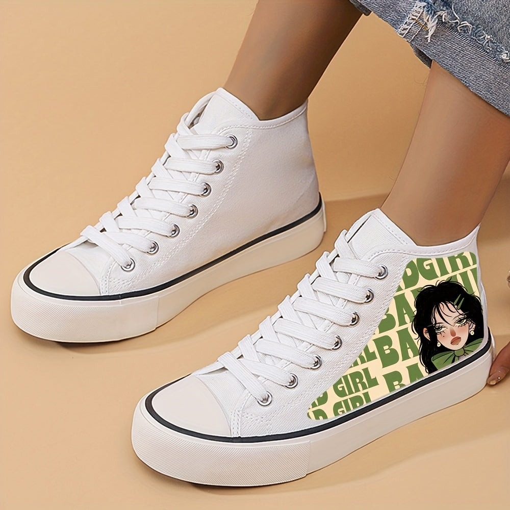 Anime Girl Pattern Lightweight High Top Breathable Canvas Sneakers, Round Toe Flat Classic Lace Up Wear Resistance Skate Shoes, Non Slip Casual Versatile Walking Shoes Running Shoes