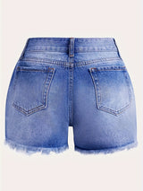Stylish High-Waisted Ripped Patchwork Denim Shorts - Women Denim Shorts with Light Blue Washed Distressed, Cute American Flag Print, Single-breasted, Independence Day 4th Of July Summer Fashion, Casual Comfortable Shorts for