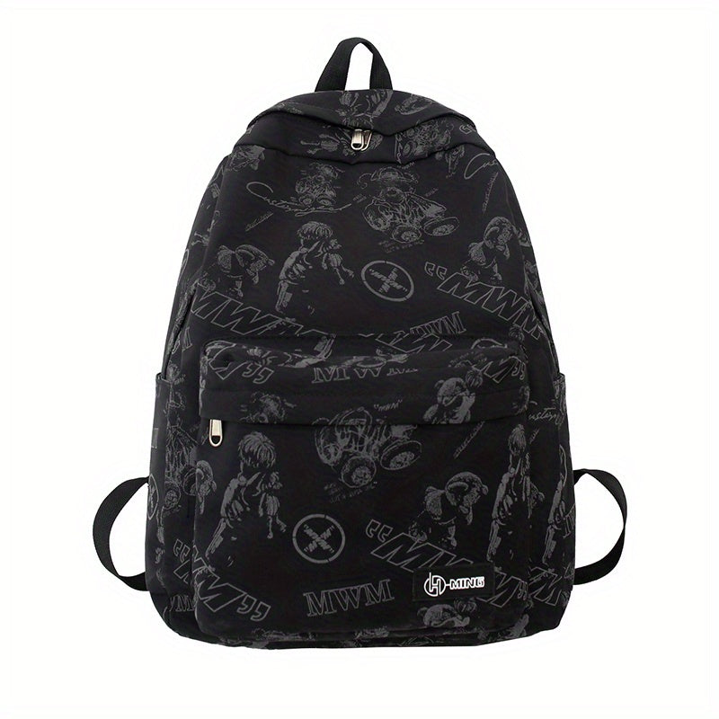 Reflective Graffiti-Style Large Capacity Backpack - Durable Nylon, Casual College & High School Bag with Laptop Compartment, Hand-Washable, Black with White & Gray Graphics, Backpack for School