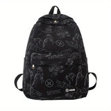 Reflective Graffiti-Style Large Capacity Backpack - Durable Nylon, Casual College & High School Bag with Laptop Compartment, Hand-Washable, Black with White & Gray Graphics, Backpack for School