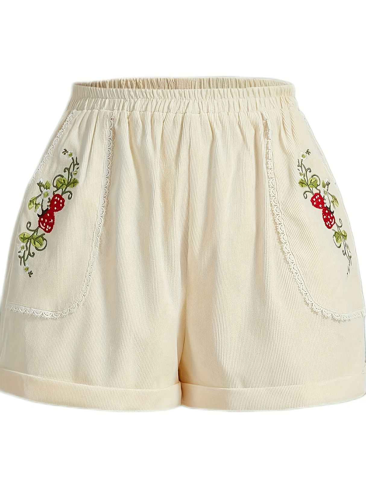 Stylish Embroidered Strawberry Casual Shorts for Women – Semi-Sheer, Elastic Waist, Durable Material for Summer