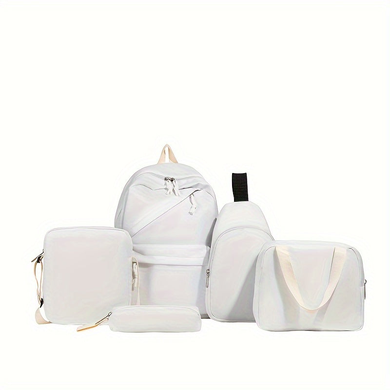 5pcs/set Multi-functional College Bag Set - Solid Color Laptop Backpack with Chest Bag, Handheld Bag, Sling Bag, and Pencil Pouch for Men and Women's Daily Commute