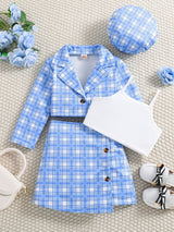 Girl's Trendy 4pcs, Long Sleeve Blazer & Beret Hat & Camisole & Skirt Set, Plaid Print Casual Outfits, Kids Clothes For Spring Summer
