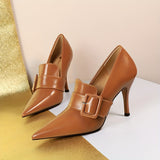 Lightweight Brown PU Stiletto Heels - Elegant Pointed Toe with Decorative Buckle Strap, Versatile Strappy Heels for Women All Seasons