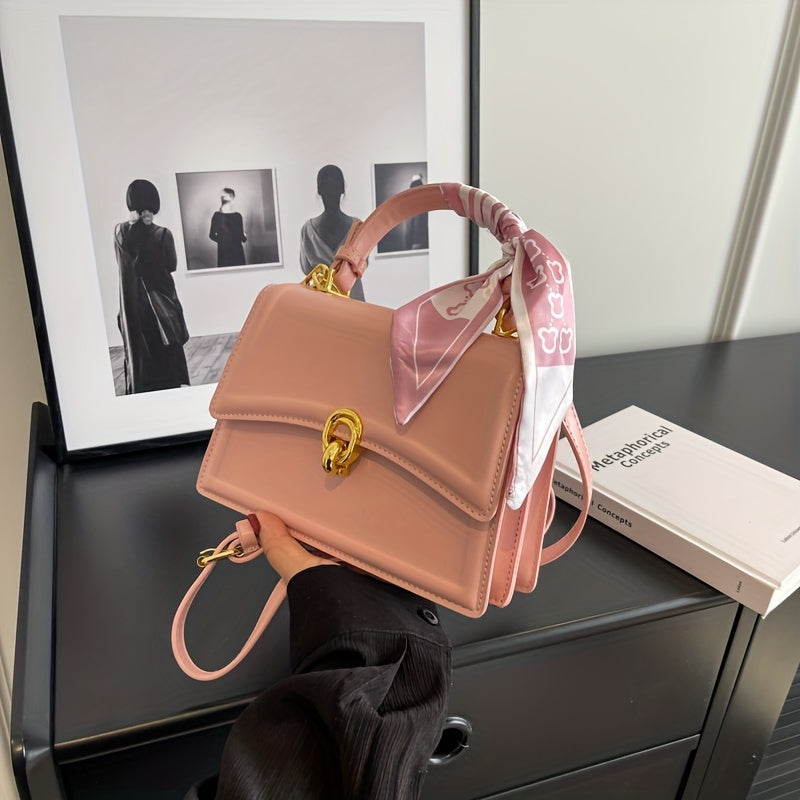 Embossed Square Handbag, Trendy Scarf Decor Crossbody Bag, Women's Small PU Leather Flap Purse