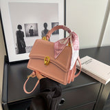 Embossed Square Handbag, Trendy Scarf Decor Crossbody Bag, Women's Small PU Leather Flap Purse