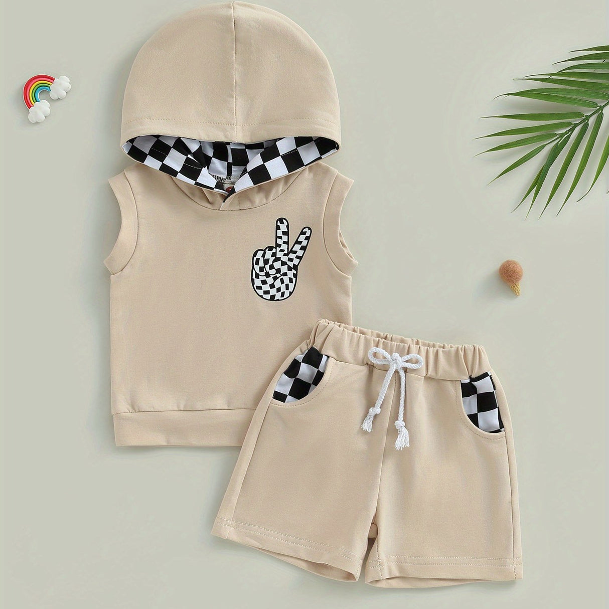 Toddler Boys 2pcs Shorts Sets Sleeveless Hooded Vest and Drawstring Checkerboard Shorts Sets, for Outdoor