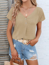 Womens Charming Solid Button Front Blouse - Casual V Neck, Short Sleeve, Perfect for Spring & Summer - Lightweight, Versatile, Ideal Everyday Style - Suitable for Multiple Occasions