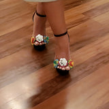 Women's 3D Floral Ankle Strap High Heels, Open Toe Chunky Heel Sandals, Fashionable Dress Shoes