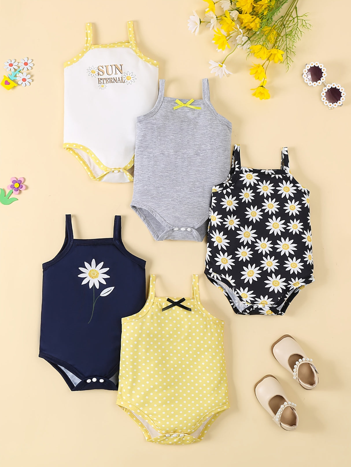 5pcs Adorable Baby Girl's Floral Romper Set - Soft Polyester & Elastane Blend, Machine Washable - Includes "Sunny Day" Daisy Tank Top, Gray Onesie with Bow, and Yellow Polka Dot Bodysuit with Suspenders, Baby Girl Clothes, Pe
