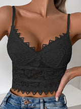 [Everyday Comfort] Chic Blue Lace Floral Cut-Out Cami Top for Women - V-Neck, Scalloped Trim, Sexy & Stylish, Versatile for Layering or Solo Wear, Lace Long Sleeve Top