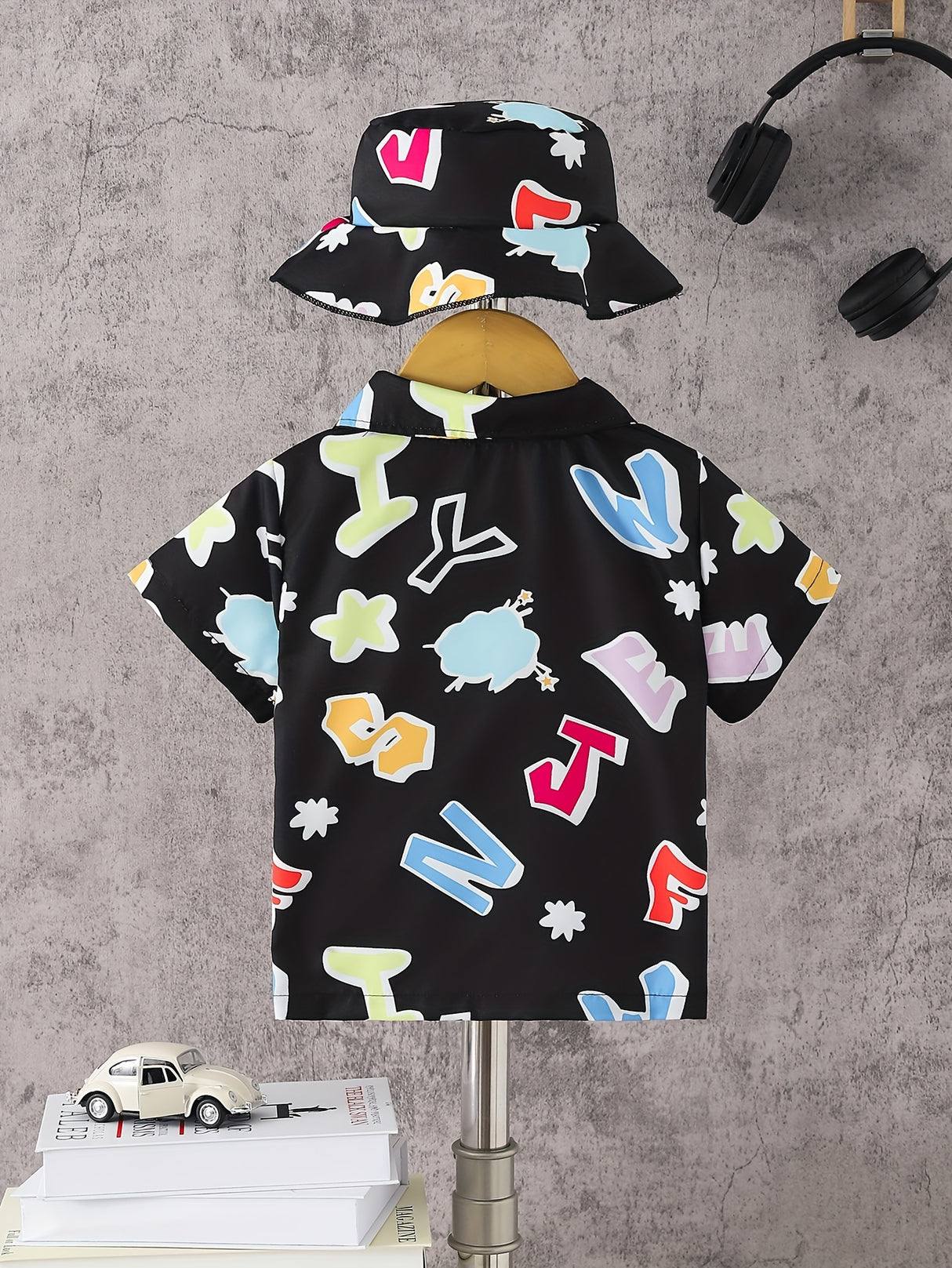 Cartoon Colorful Letter Print Boys Creative Shirt & Hat (Without T-shirt), Casual Short Sleeve Lapel Shirt Tops, Boys Clothes For Summer Outdoor