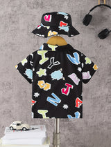 Cartoon Colorful Letter Print Boys Creative Shirt & Hat (Without T-shirt), Casual Short Sleeve Lapel Shirt Tops, Boys Clothes For Summer Outdoor