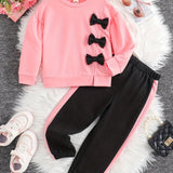 Girls 2pcs Sweatshirt & Elastic Waist Pants Set Bow Decor Long Sleeve Pullover Top Casual Kids Clothes Spring Fall
