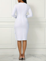 Long Sleeve Solid Ruffle Trim Belted Elegant Dress for Spring & Fall, Women's Clothing