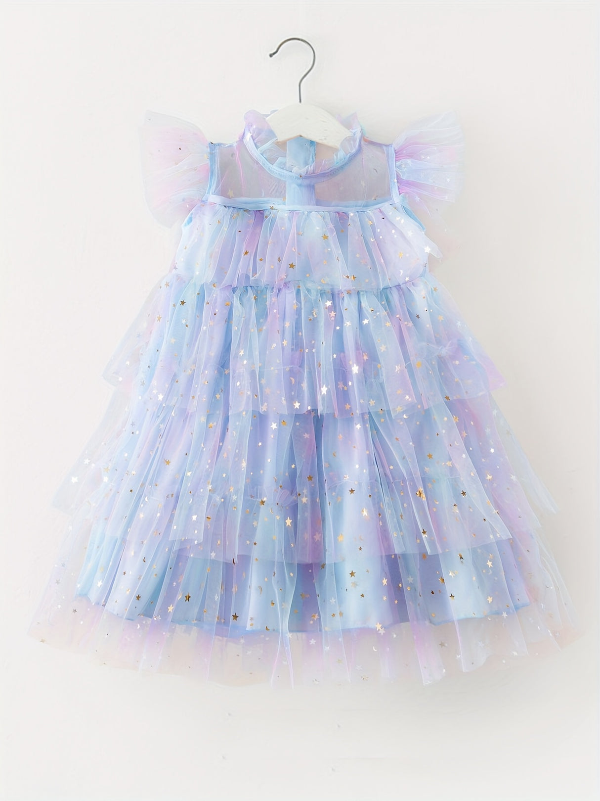 Stunning Ombre Ruffle Princess Tutu Dress - Soft Cotton Blend, Non-Stretch, Preppy Style, Flutter Sleeve, Regular Fit, Perfect for Summer Holiday Party, Gift for Little Girls