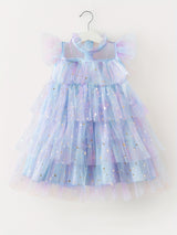 Stunning Ombre Ruffle Princess Tutu Dress - Soft Cotton Blend, Non-Stretch, Preppy Style, Flutter Sleeve, Regular Fit, Perfect for Summer Holiday Party, Gift for Little Girls