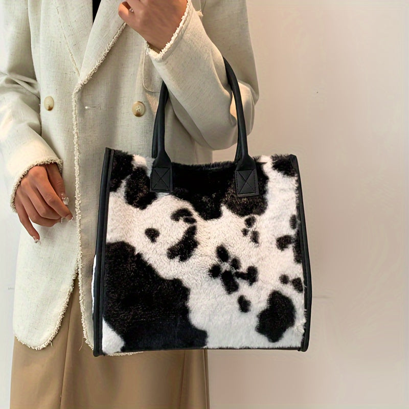 Plush Cow Pattern Tote Bag, Y2K Vintage Shoulder Bag, Fluffy Faux Fur Handbag For Women