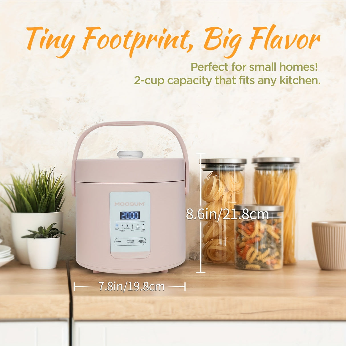 MOOSUM Multi Mini Rice Cooker 2-cups Uncooked (1.2L), Portable Small Japanese Travel Rice Cooker with Non-Stick Inner Pot, Slow Cooker, Easy Presets, 24 Hours Timer Delay & Keep Warm Function