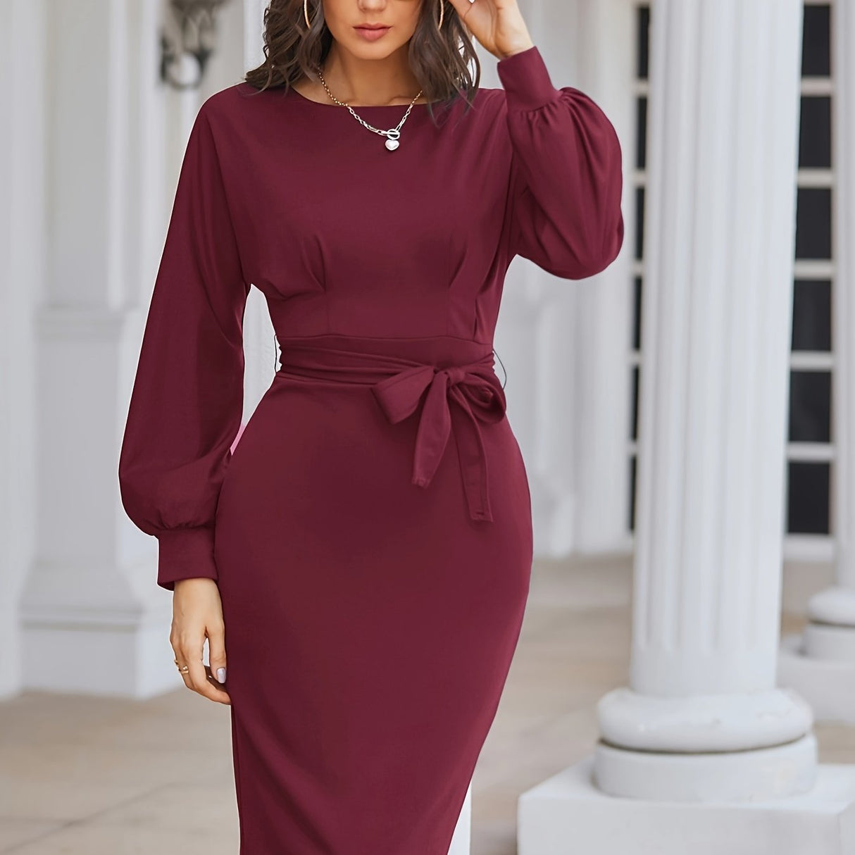 Solid Color Crew Neck Dress, Elegant Long Sleeve Belt Bag Hip Zipper Back Dress For Winter & Fall, Women's Clothing