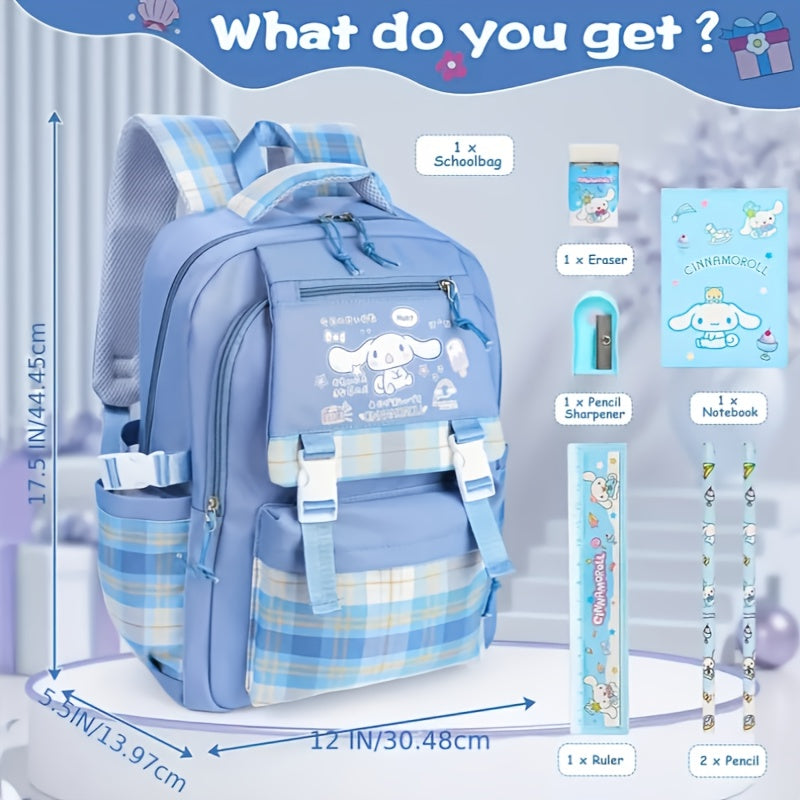 CinnamonRoll Backpack Set with Stationery, CinnamonRoll Cute Cartoon Bookbag, Kawaii Sanrio Backpack, Cute Blue School Bag, School Backpack, for Back to Shool Season, New Semester, Travel Accessories Must Have, Travel Accesso