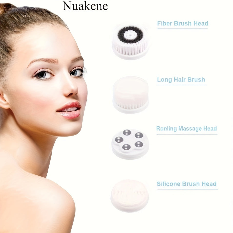 Nuakene 4-in-1 Rechargeable Electric Facial Cleansing Brush - Soft Bristle Brush, Silicone Facial Cleaner, Facial Massager, Rotating Base, Gentle Exfoliator, Deep Cleaning, Holiday Gift for Women
