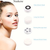 Nuakene 4-in-1 Rechargeable Electric Facial Cleansing Brush - Soft Bristle Brush, Silicone Facial Cleaner, Facial Massager, Rotating Base, Gentle Exfoliator, Deep Cleaning, Holiday Gift for Women