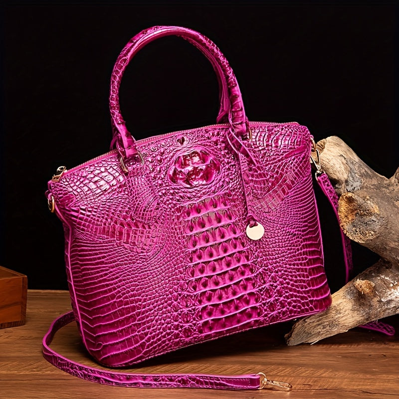 Chic Crocodile Embossed Womens Handbag - Top Handle Satchel with Roomy Interior & Convertible Crossbody Strap - Fashion Purse for Everyday Style