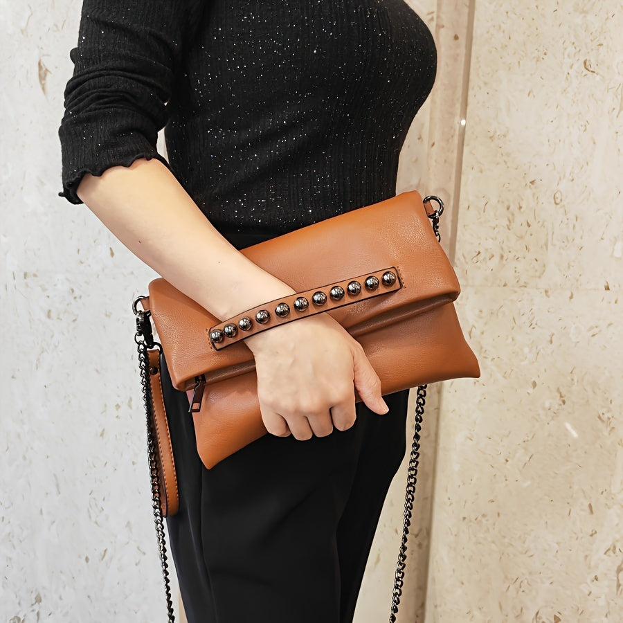 Punk Edge Rivet Clutch Bag - Chic Chain Crossbody - Durable Synthetic Leather Flap Purse for Fashionistas