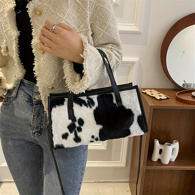 Plush Cow Pattern Tote Bag, Y2K Vintage Shoulder Bag, Fluffy Faux Fur Handbag For Women