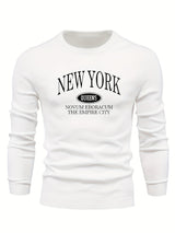 NEW YORK Print All Match Knitted Sweater, Men's Casual Warm Mid Stretch Crew Neck Pullover Sweater For Men Fall Winter