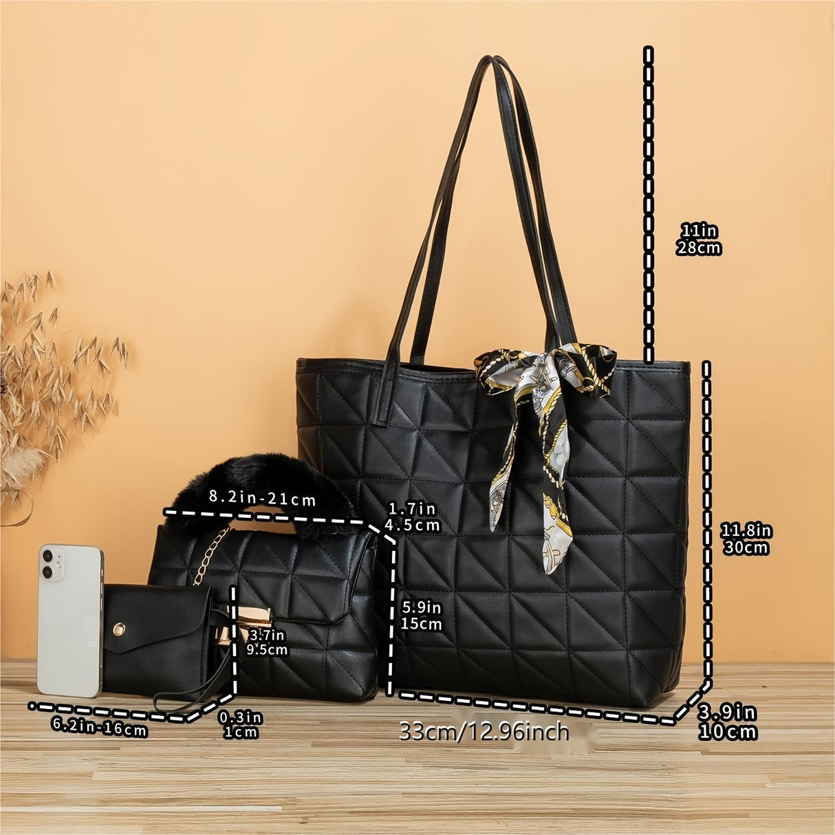 Quilted Detail Tote Bag Set: Classic Shoulder Chain Bag, Crossbody Purse with Scarf Decor