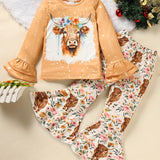 Zehjuhan Toddler Baby Girls Clothes Long Sleeve Round Collar Bull Head T Shirt Tops Print Flared Pants Casual Little Girls Outfit Set