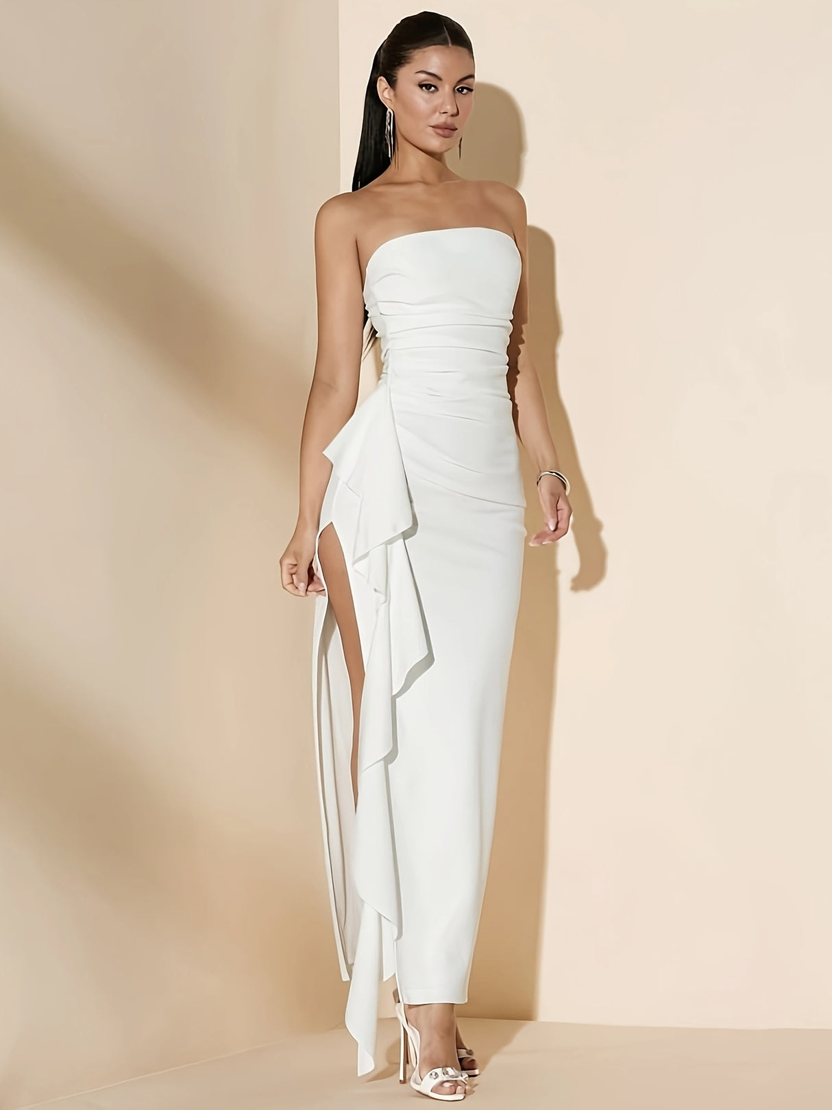 Elegant Off-Shoulder Ruched Ruffle Trim Split Thigh Bodycon Dress for Women - Solid White, Perfect for Parties & Banquets, Formal Evening Wear | Thigh Slit Dress | Knitted Construction