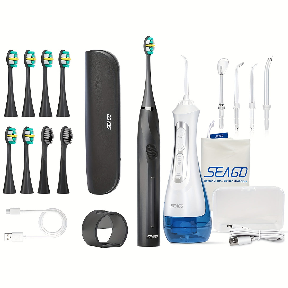 [Electric Toothbrush Water Floss Combo] 8 Brush Heads Rechargeable Electric Toothbrush - Water Floss Combination Kit with 5 Nozzles, Oral Doucher, White Home Kit