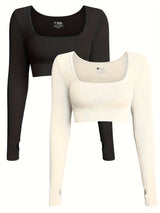 OQQ Women's 2 Piece Crop Top Ribbed Seamless Workout Exercise Long Sleeve Crop Tops