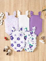 5pcs Baby Girls' Summer Rompers | Cute Fruit & Floral Print with Ruffled Straps | Soft Knit Fabric, Elastane & Polyester Blend | Button Closure | Multi-Color Pastel Yellow & White | Ideal for Playful Infants, Baby Girl Clothe