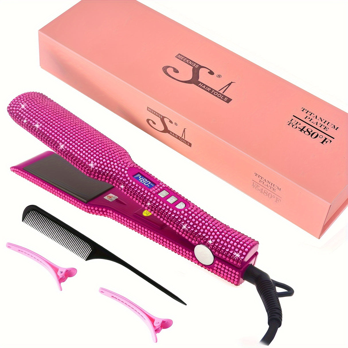 Hair Straightener, Crystal Rhinestone Decor Professional Hair Straightener Flat Iron, 1.7 Inch Titanium Flat Iron Straightening Iron, High Heat 480 °F, Bling Titanium Hair Flat Iron