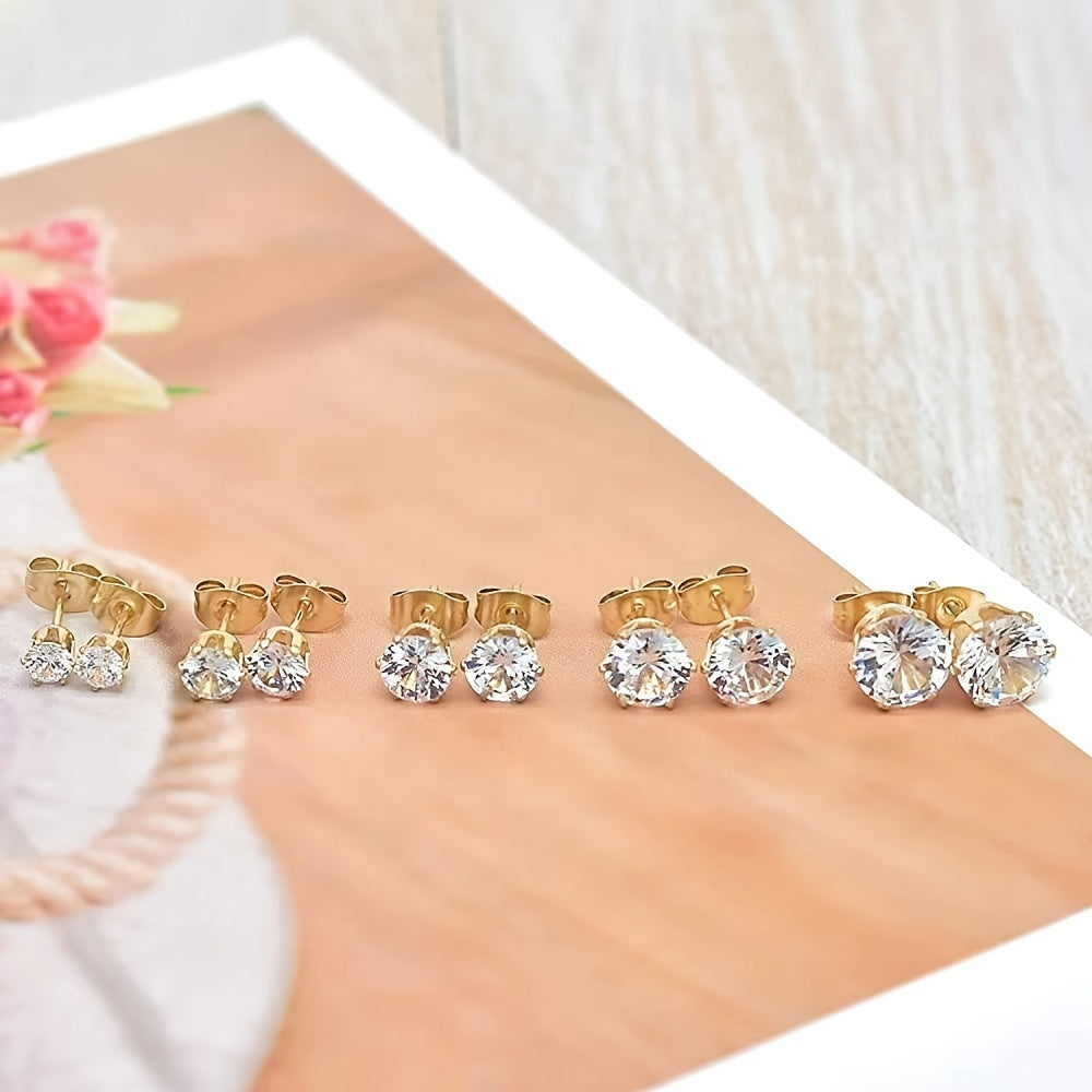 Sparkling Stainless Steel 6-Prong zirconia Stud Earrings Hypoallergenic Daily Decor Earrings 18K Gold Plated Ear Bone Buckle Jewelry
