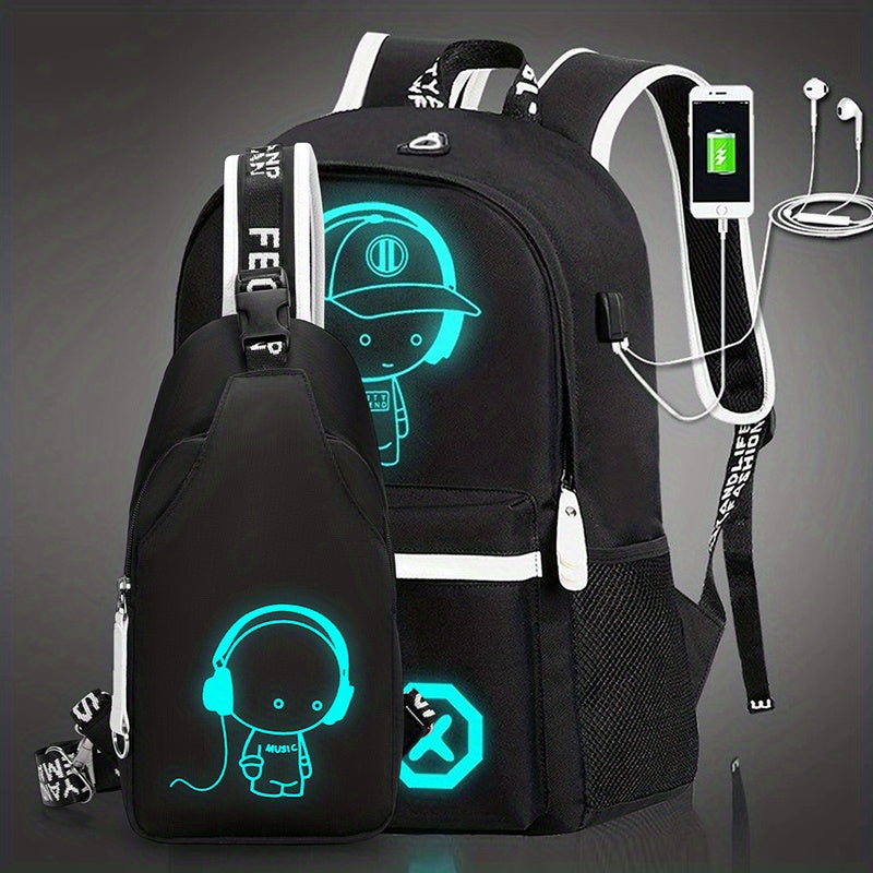 2pcs/set Cartoon Print Large Capacity Casual Backpack, 2-Piece Set: Travel Backpack, School Bag, Chest Bag