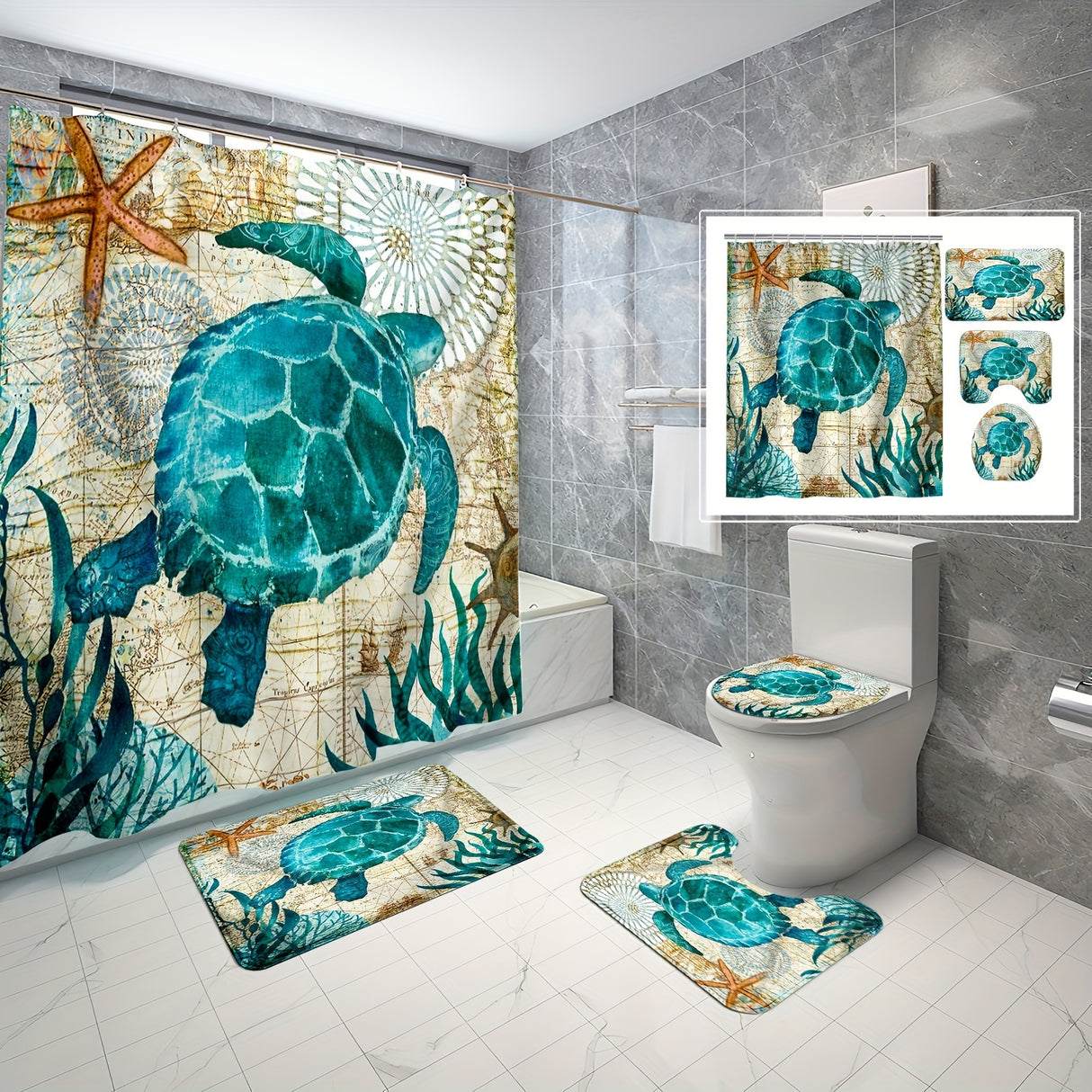 4pcs Luxurious Turtle Seaweed Pattern Shower Curtain Set - Waterproof Bathroom Essentials with U-Shaped Mat, Toilet Cover Mat, L-Shaped Mat, Hooks, and Stylish Home Decorations