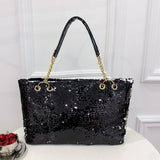 Large Capacity Sequin Glitter Tote Bag - Sparkly Bling Metal Chain Shoulder Bag with Fixed Straps, Polyester Lining, and Zipper Closure - Perfect Casual Commuter Bag for Carnaval and Everyday Use, Great Gift Idea