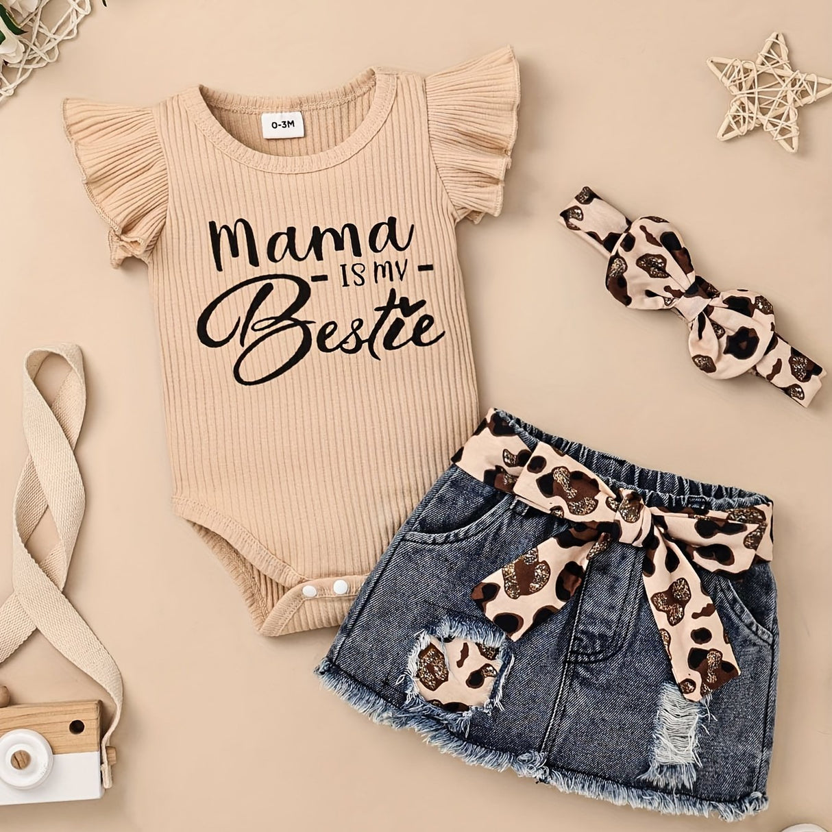Baby Girl Clothes Newborn Jumpsuit Short Sleeved Denim Skirt with Front End and Baby Clothing Set, 0-18 Months, for Outdoor