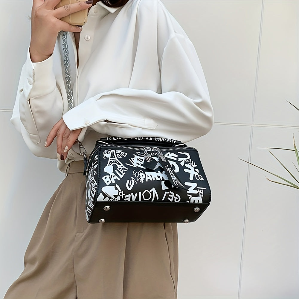 Vibrant Graffiti Small Zipper Box Crossbody Handbag for Women - Trendy Chain Strap, Stylish Design, Compact Size, Easy-Close Zipper, Perfect for Daily Use - Ideal Accessory for Fashion-Conscious Ladies