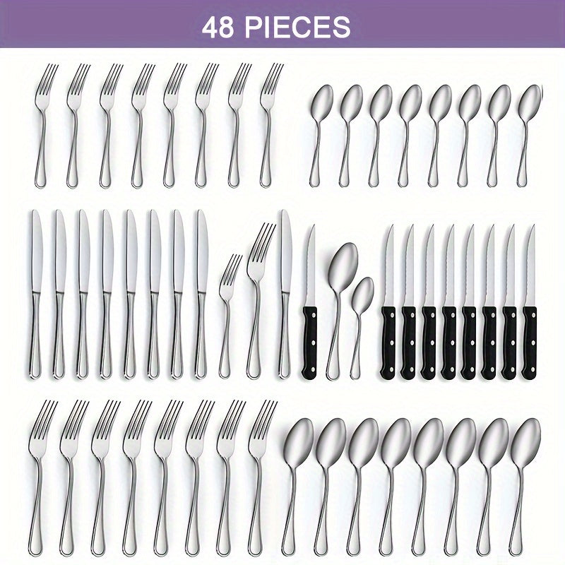 48 piece silverware set including 8 steak knives service, suitable for 8 people with advanced stainless steel tableware set, spoon and fork set, dishwasher washable, stylish design