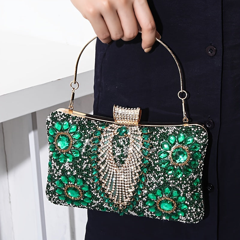 Vintage Glamour Ladies' Cocktail Clutch Bag - Sparkling Rhinestones, PU Leather, Optional Chain Shoulder Strap, Stylish Party Prom Handbag with Classic Design and Timeless Elegance
