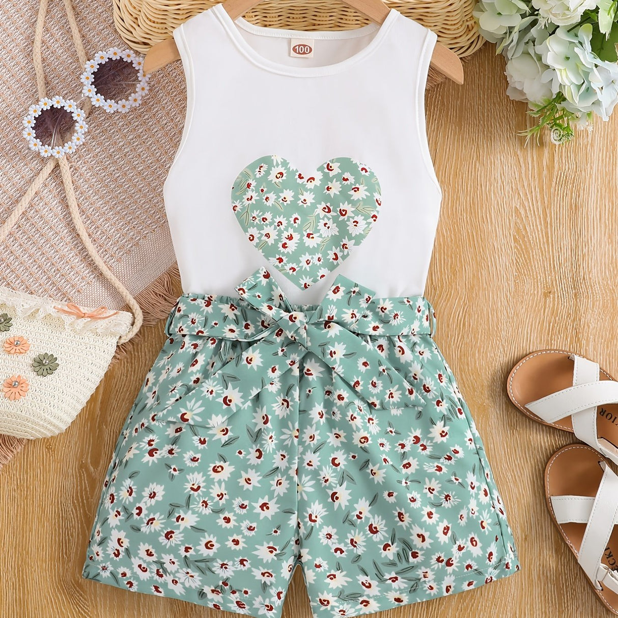 Girls 2pcs Round Neck Sleeveless Tank Top & Elastic Waist Shorts With Belt Floral Love Print Casual Kids Clothes Summer